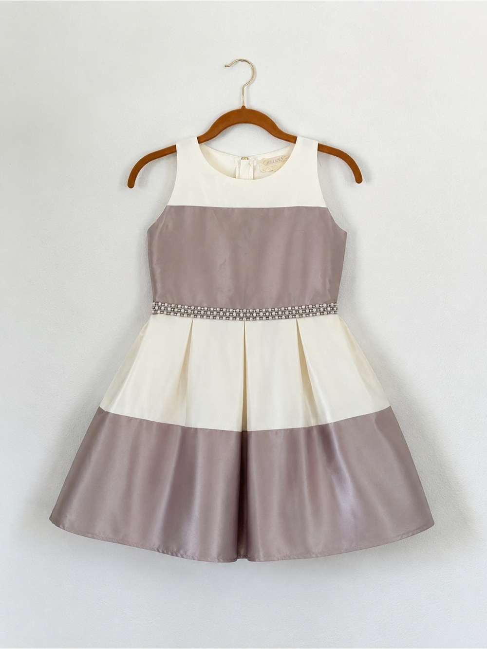 btween Cream and Taupe Satin Party Dress with Jeweled Waist